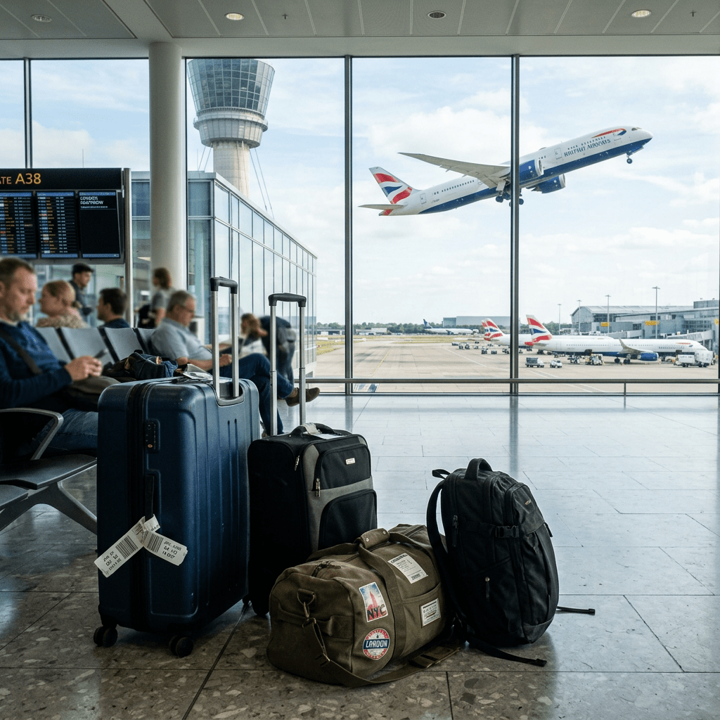 Passengers seated in airport terminal near luggage with plane taking off outside window