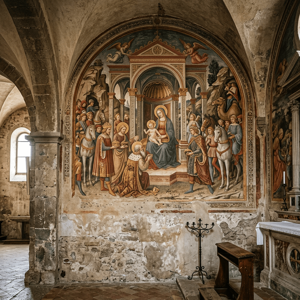 Renaissance fresco of the Nativity with Virgin Mary, baby Jesus, three wise men, angels, and attendants inside a chapel